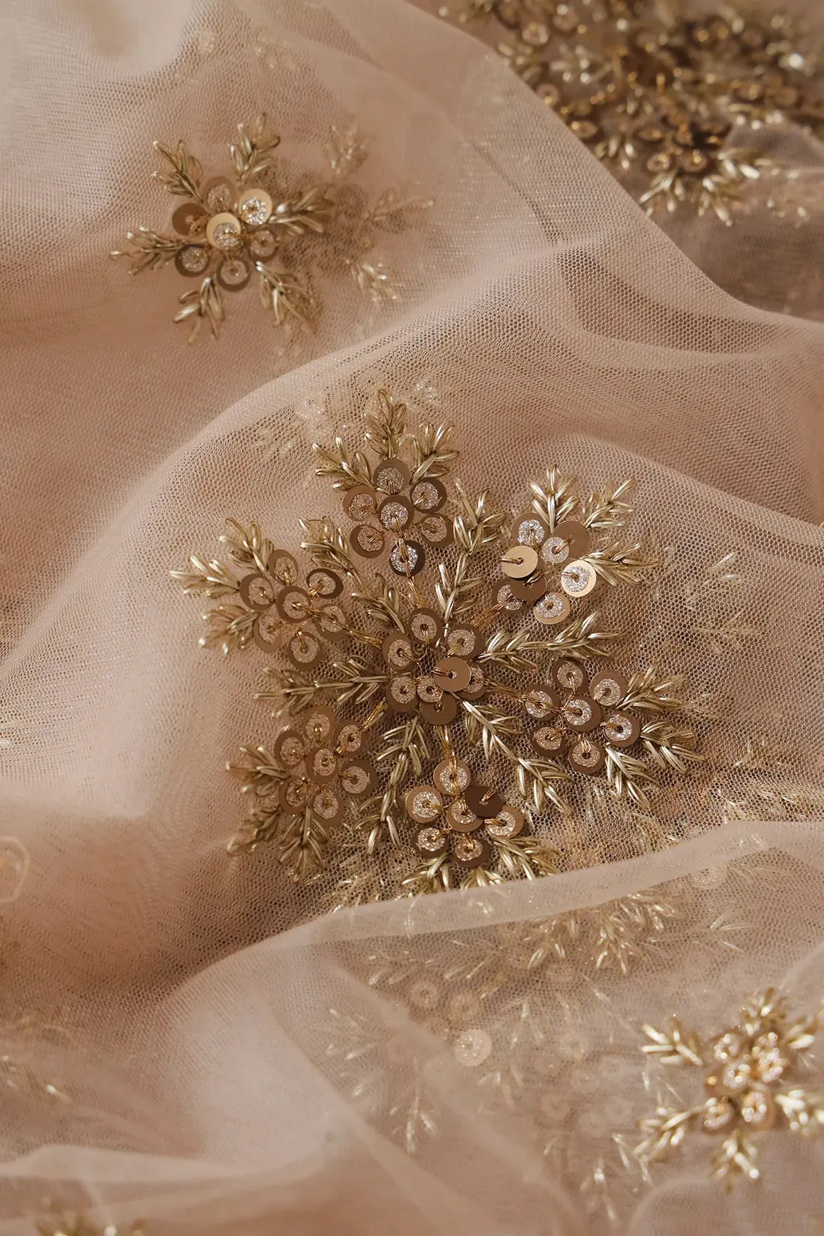 1.50 Meter Cut Piece Of Gold Sequins Floral Embroidery On Beige Soft Net Fabric