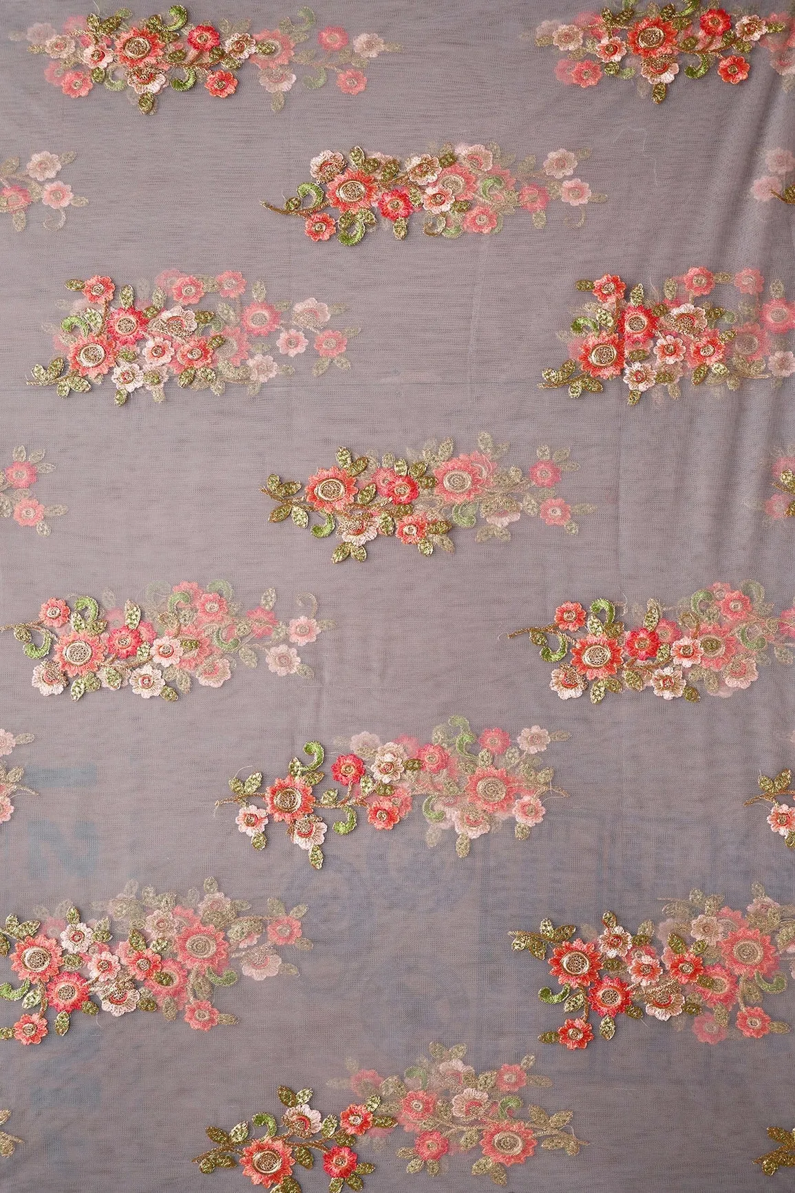 4 Meter Cut Piece Of Peach And Olive Thread With Sequins Floral Embroidery On Grey Soft Net Fabric