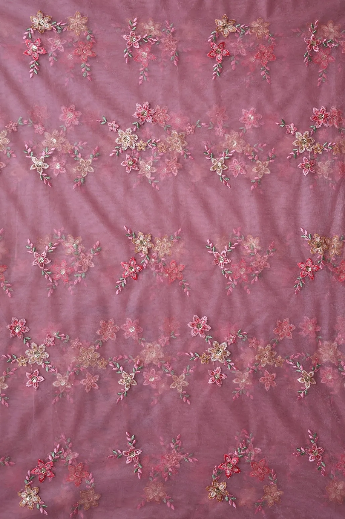 6 Meter Cut Piece Of Pink And Brown Thread With Gold Sequins Floral Embroidery On Pink Soft Net Fabric