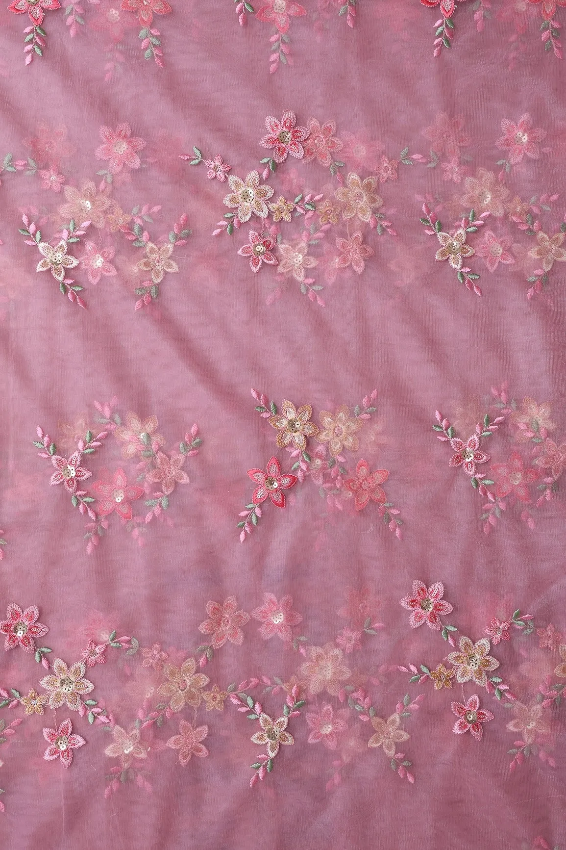 6 Meter Cut Piece Of Pink And Brown Thread With Gold Sequins Floral Embroidery On Pink Soft Net Fabric