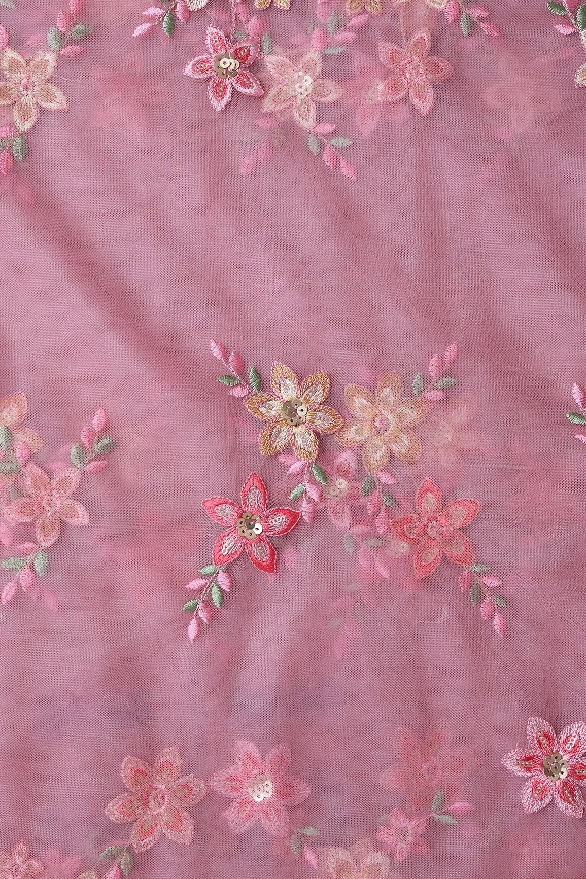 6 Meter Cut Piece Of Pink And Brown Thread With Gold Sequins Floral Embroidery On Pink Soft Net Fabric