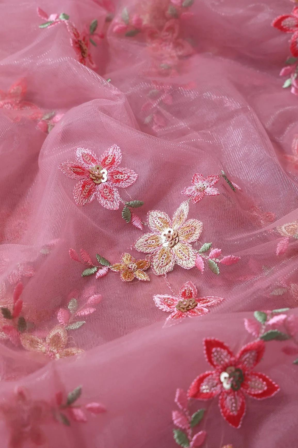 6 Meter Cut Piece Of Pink And Brown Thread With Gold Sequins Floral Embroidery On Pink Soft Net Fabric