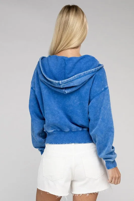 Acid Wash Fleece Cropped Zip-Up Hoodie