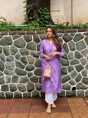 Amita in Chikankari Long Kurta in Chanderi Silk for Women - Purple