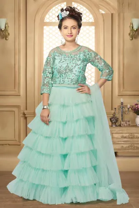 Apple Green Sequins and Thread work Partywear Lehenga Choli for Girls