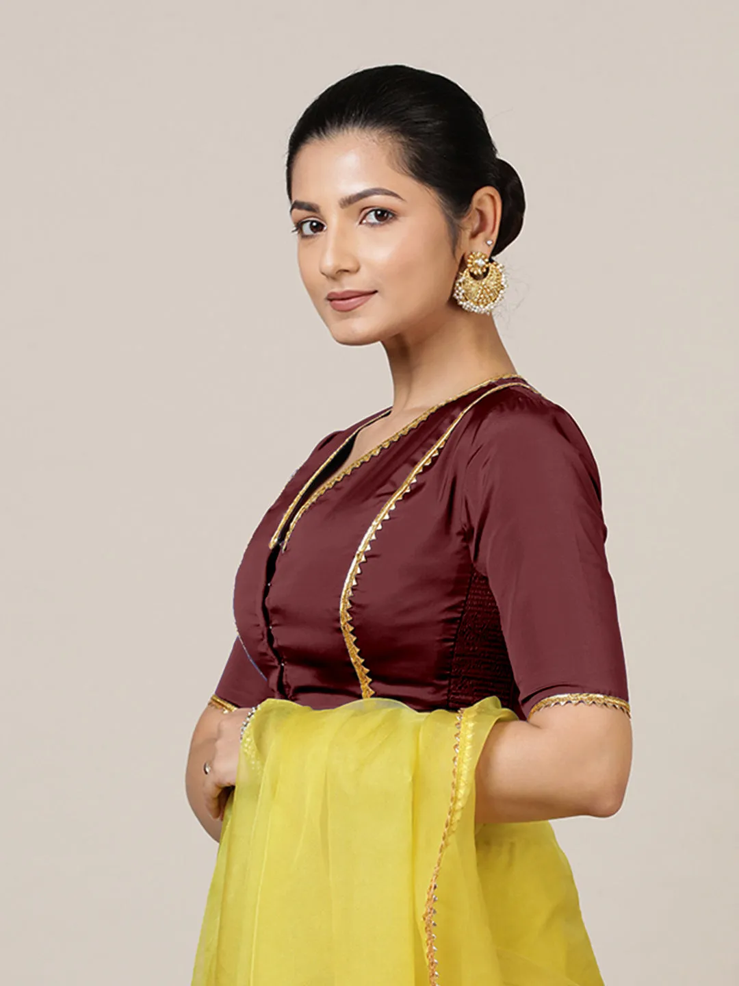 Begum x Tyohaar | Elbow Sleeves Saree Blouse in Burgundy