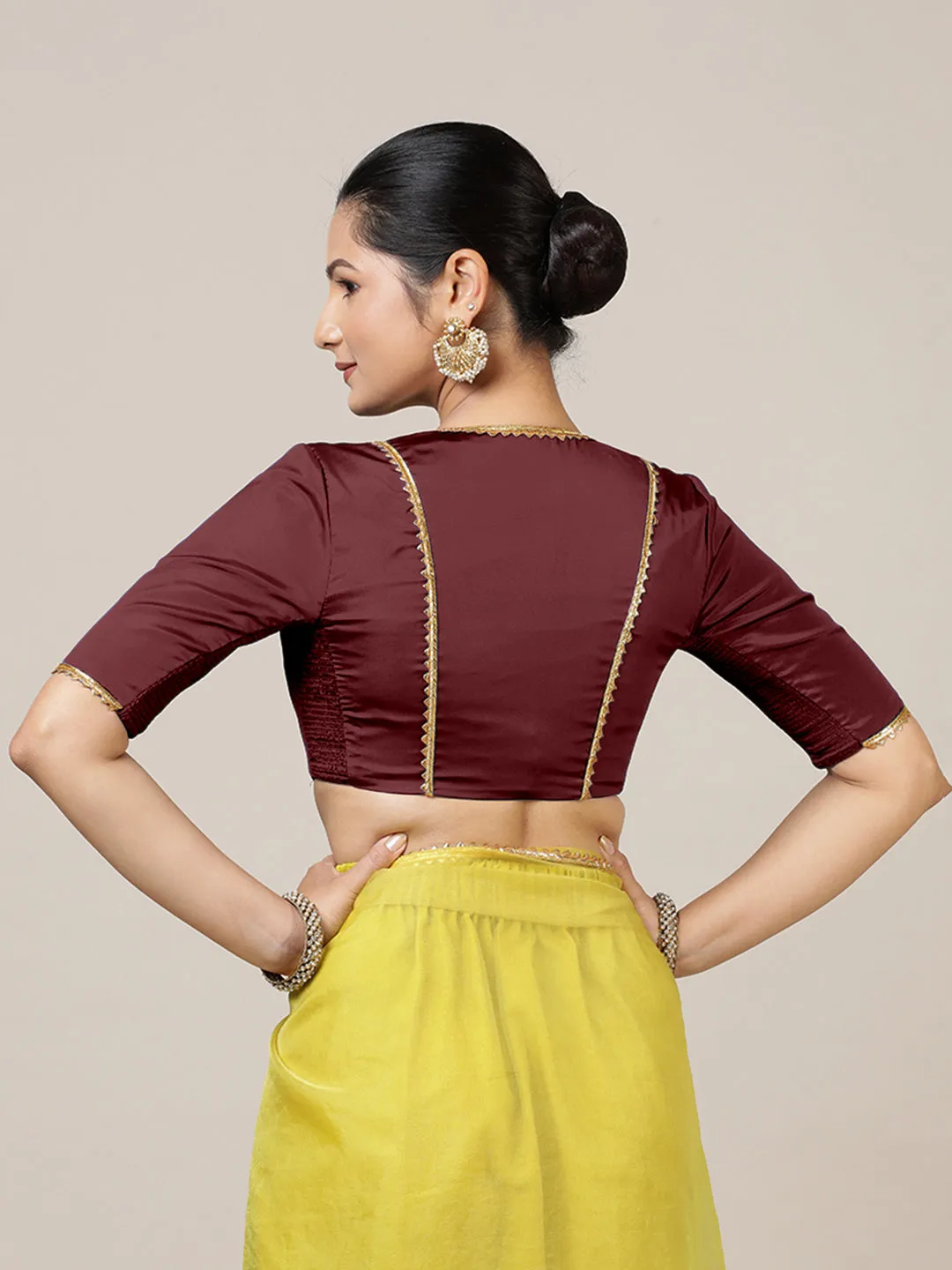 Begum x Tyohaar | Elbow Sleeves Saree Blouse in Burgundy