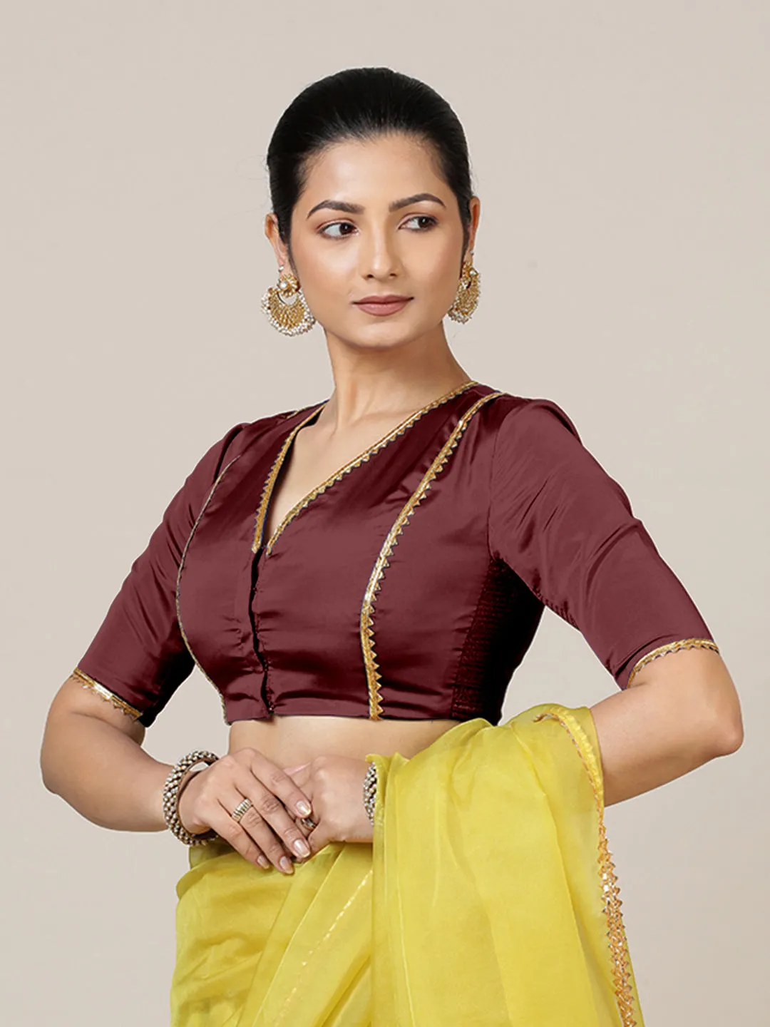 Begum x Tyohaar | Elbow Sleeves Saree Blouse in Burgundy