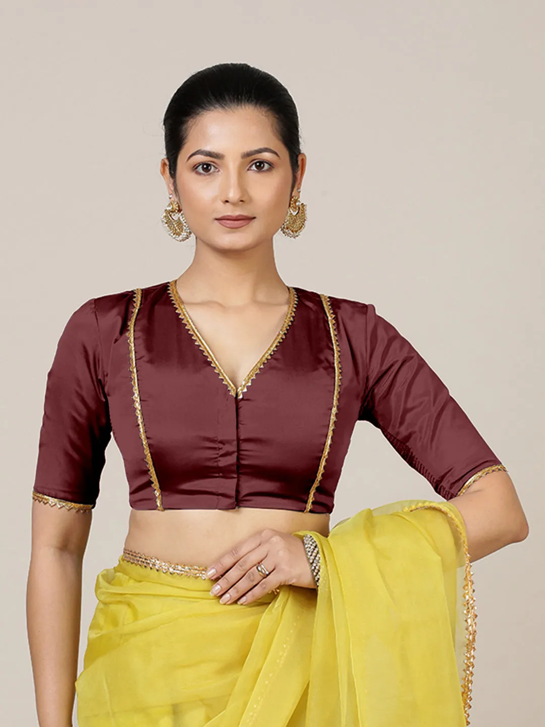 Begum x Tyohaar | Elbow Sleeves Saree Blouse in Burgundy