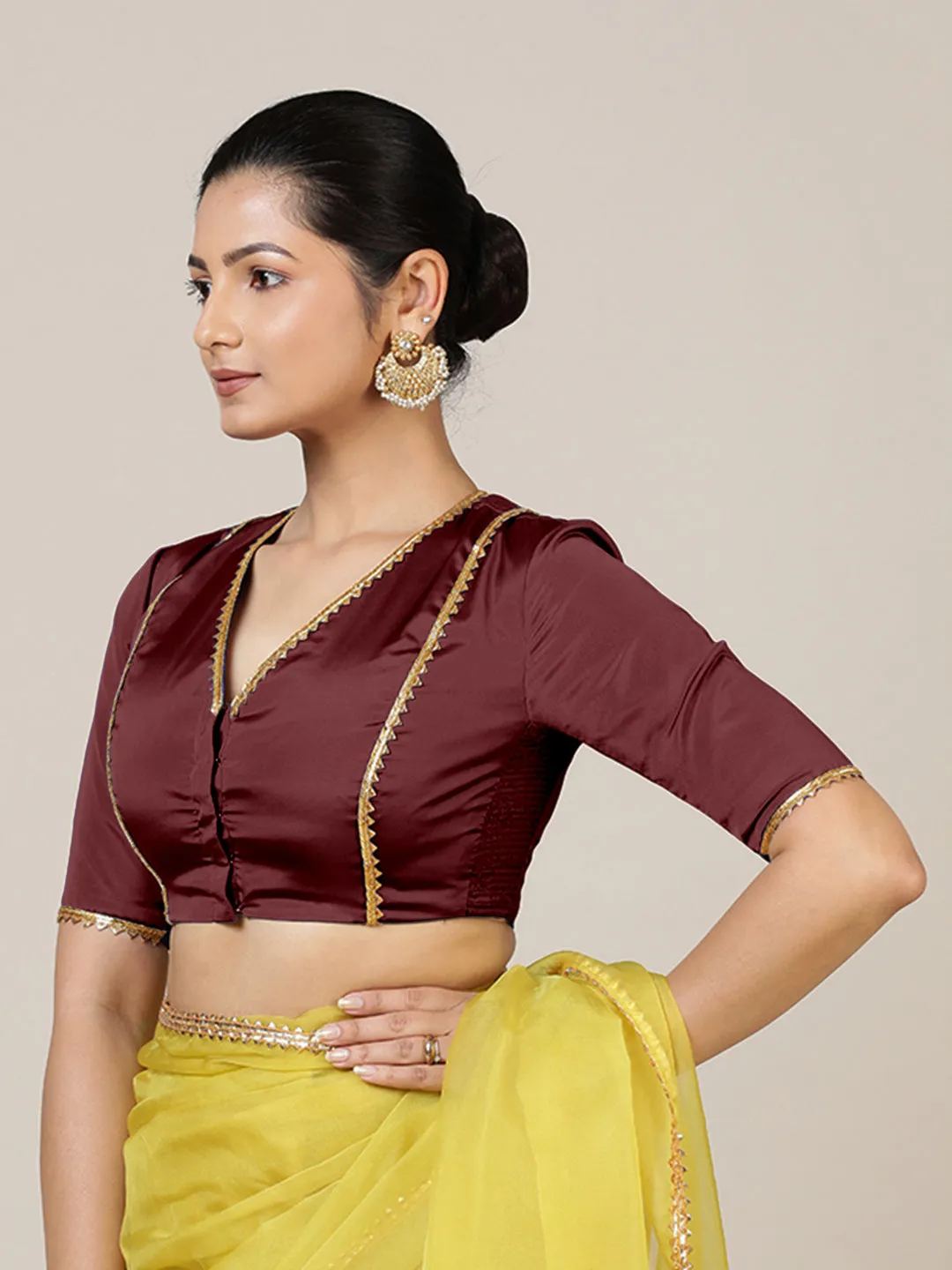 Begum x Tyohaar | Elbow Sleeves Saree Blouse in Burgundy