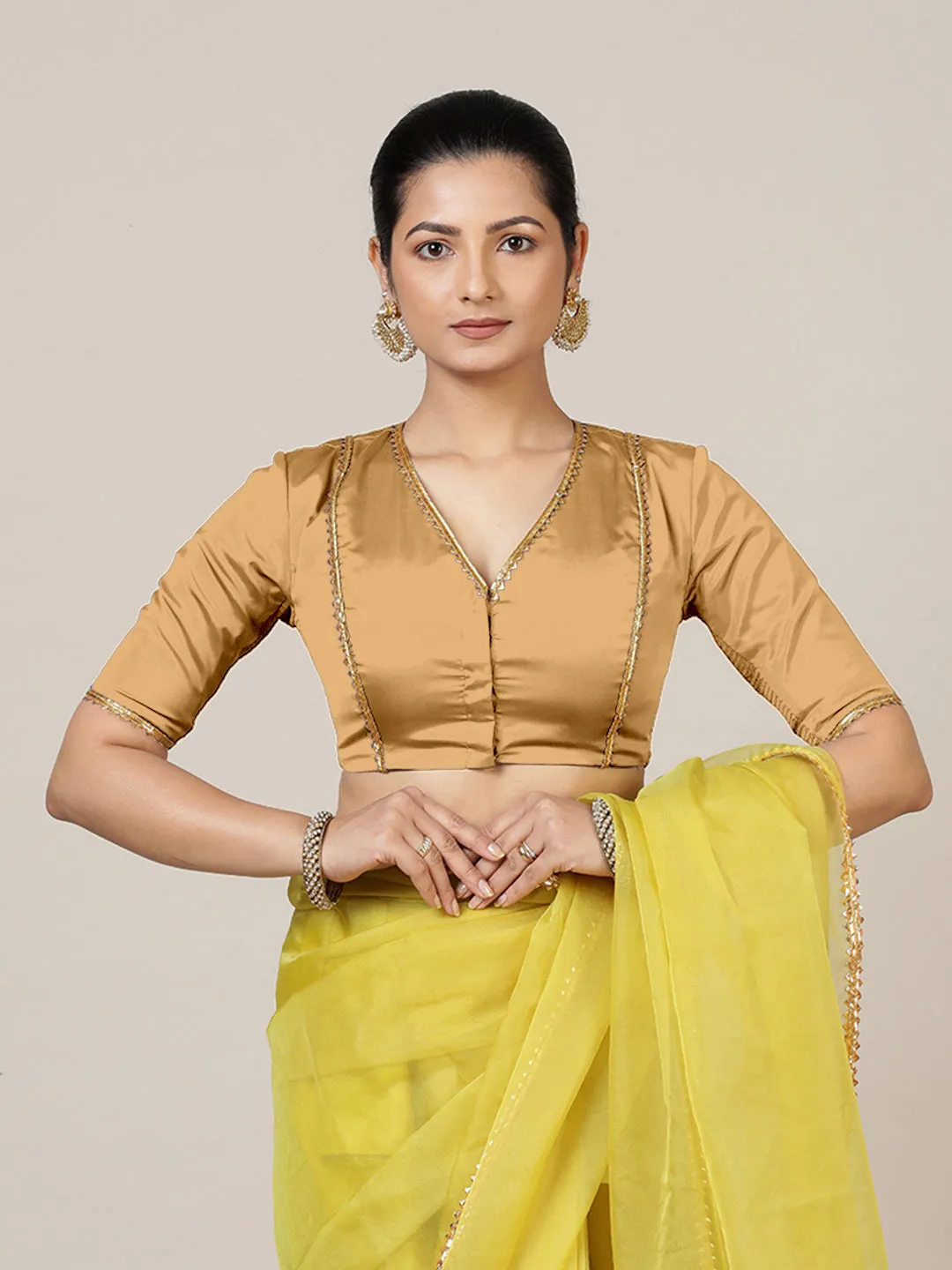 Begum x Tyohaar | Elbow Sleeves Saree Blouse in Gold