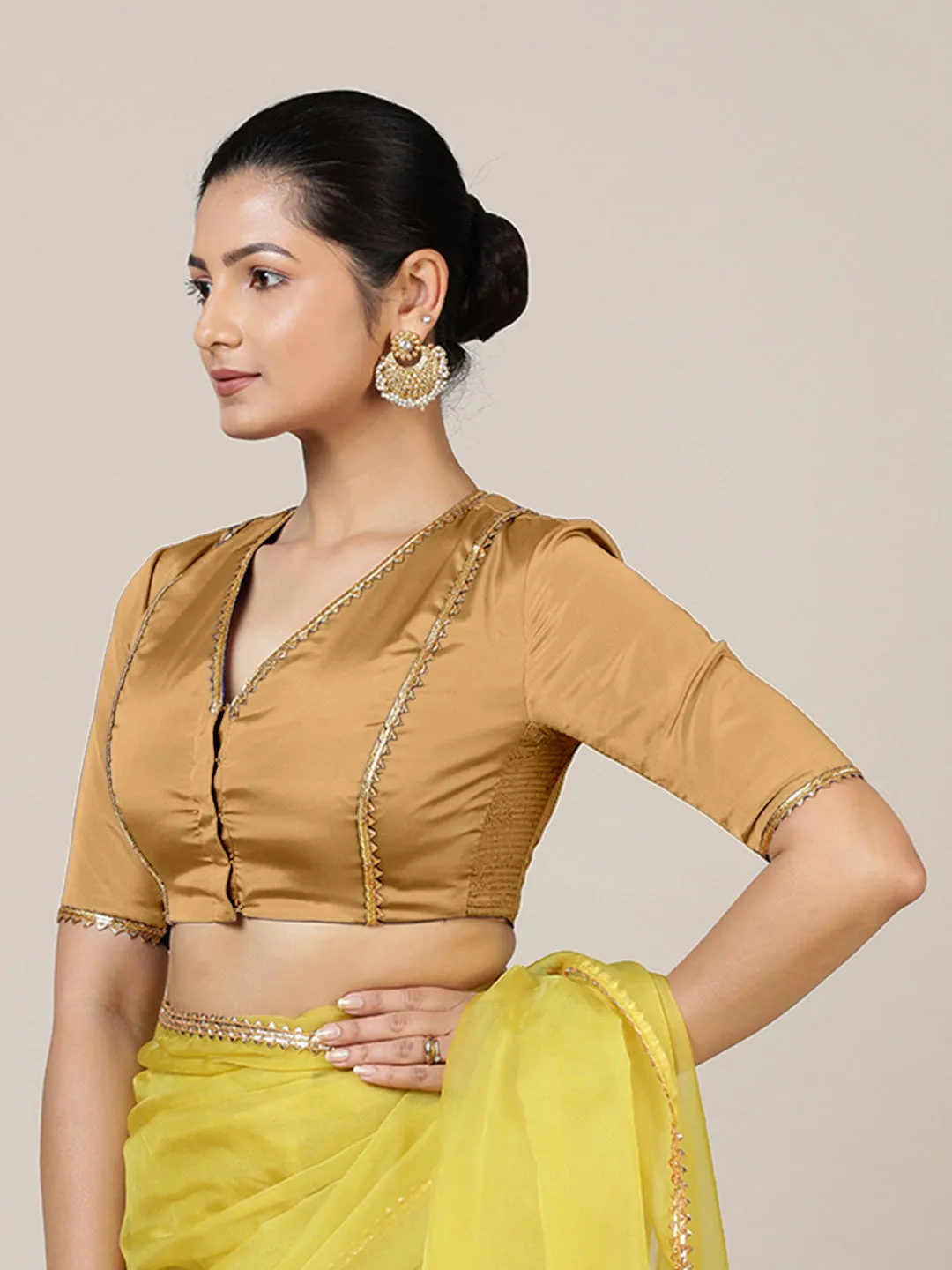 Begum x Tyohaar | Elbow Sleeves Saree Blouse in Gold