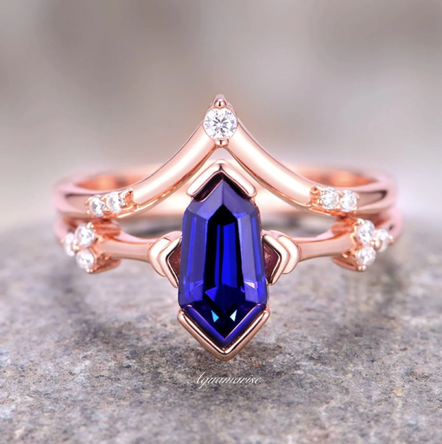 Blue Sapphire Ring Set- 14K Rose Gold Vermeil