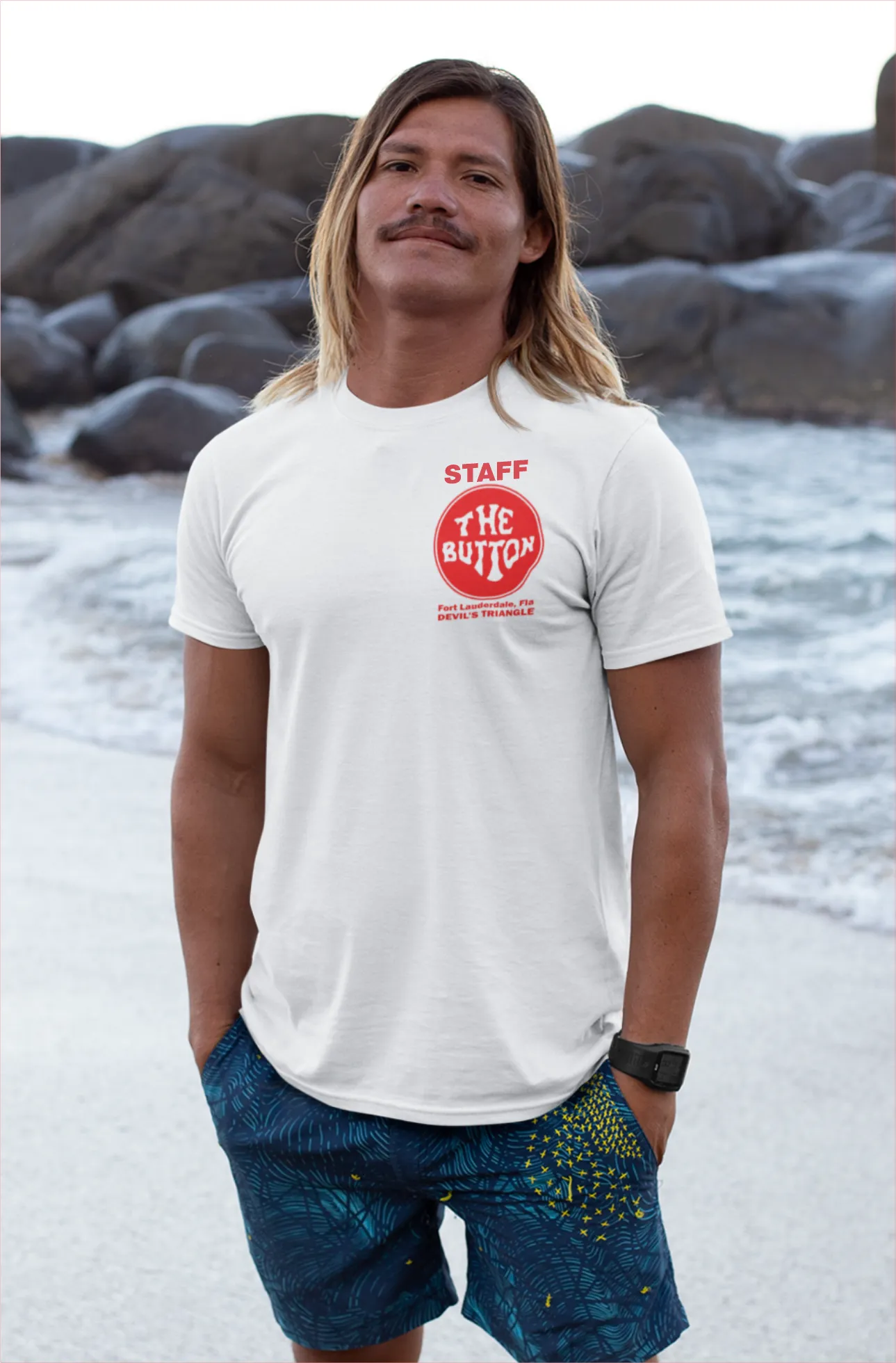 Button on the Beach White T-Shirt (FRONT & BACK PRINTED) - 100% Cotton - Short Sleeve