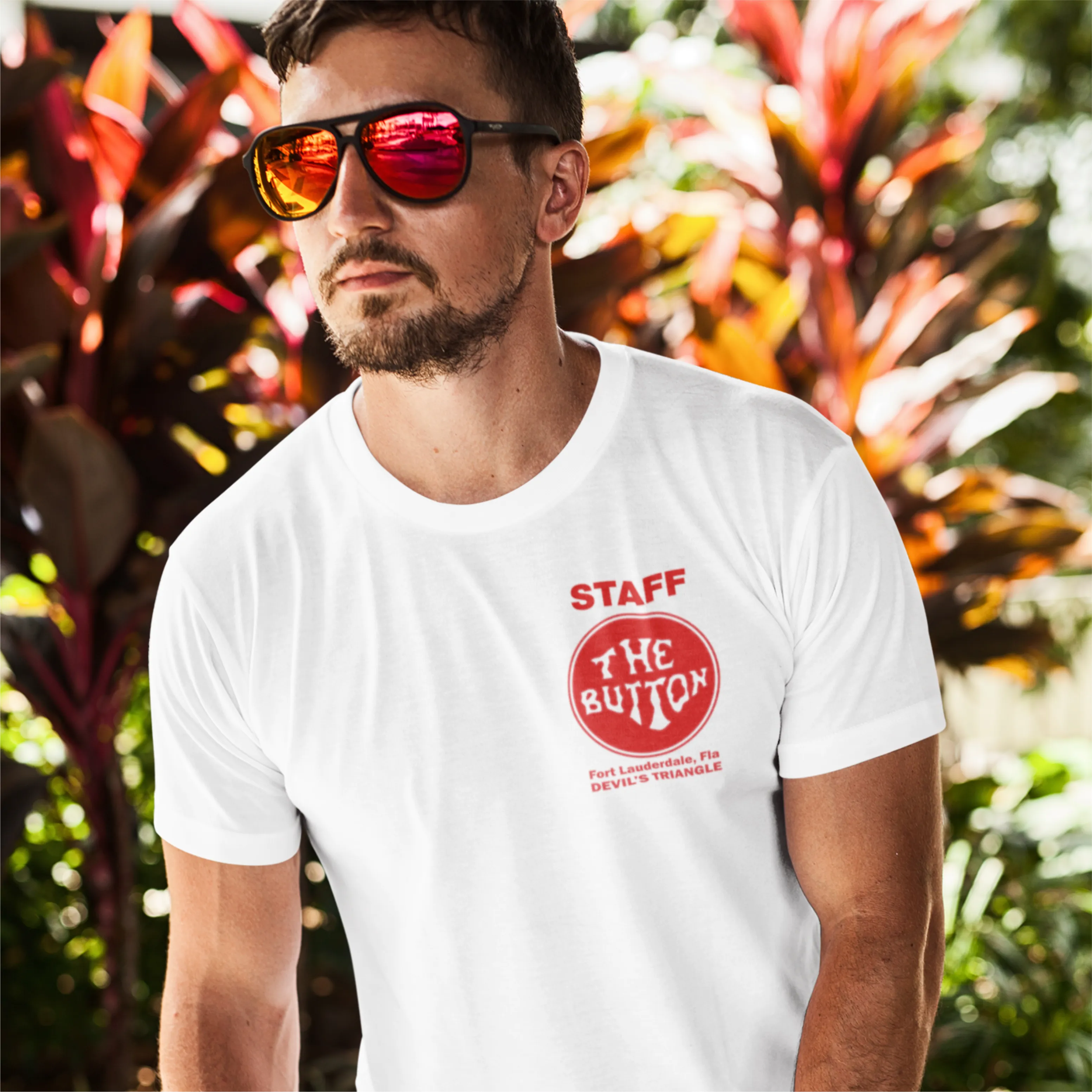 Button on the Beach White T-Shirt (FRONT & BACK PRINTED) - 100% Cotton - Short Sleeve