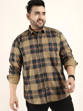 Check Khaki Full Sleeve Plus Size Shirt