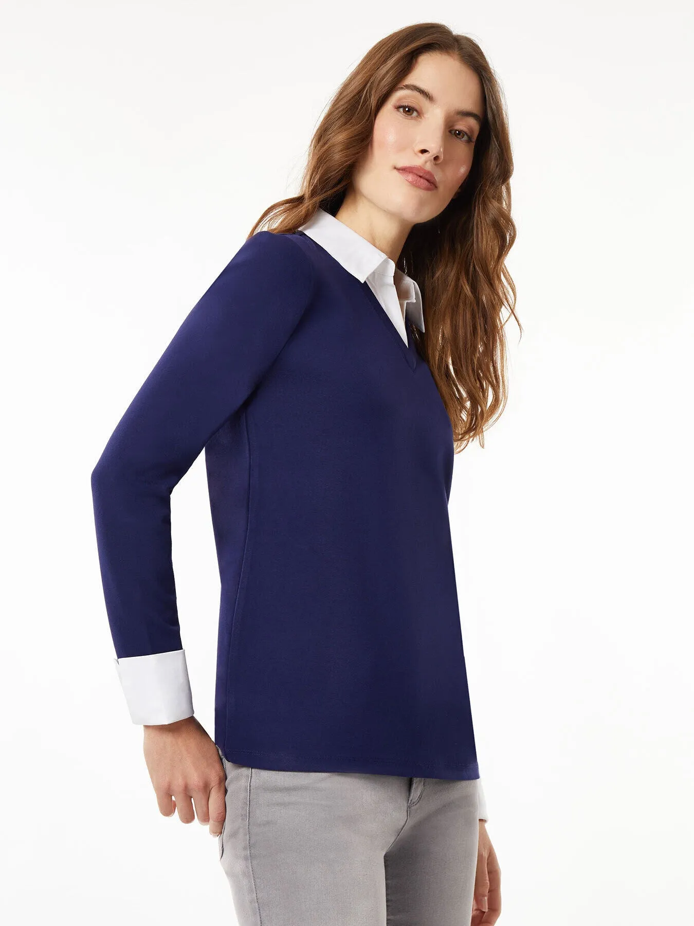 Collared Shirt V-Neck Sweater Combo Top