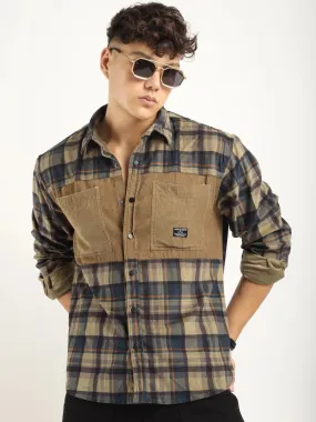 Corduroy Khaki Checkerd Stylish Full Sleeve Shirt