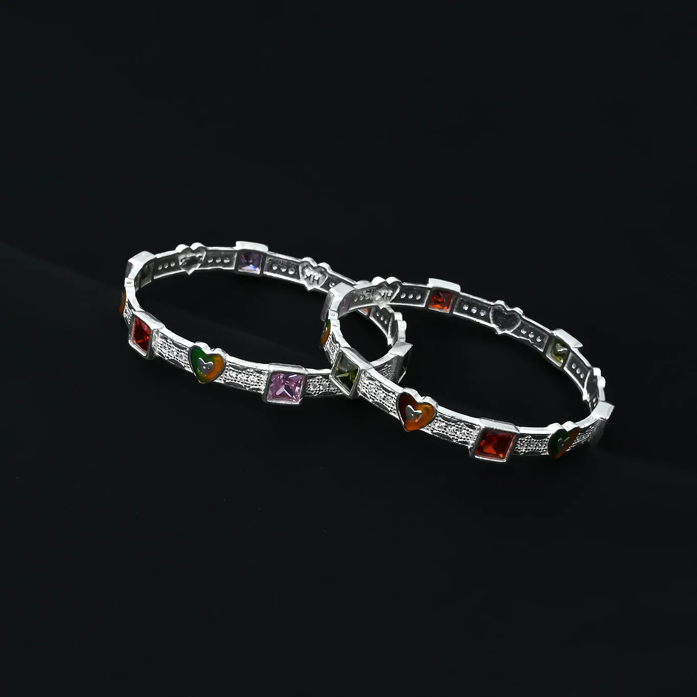 Elegant Silver Bangles with Heart Designs and Gemstones