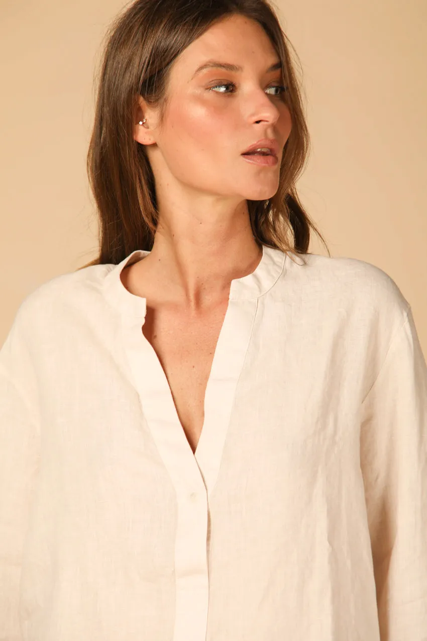 India  woman's long sleeve shirt in linen with korean collar