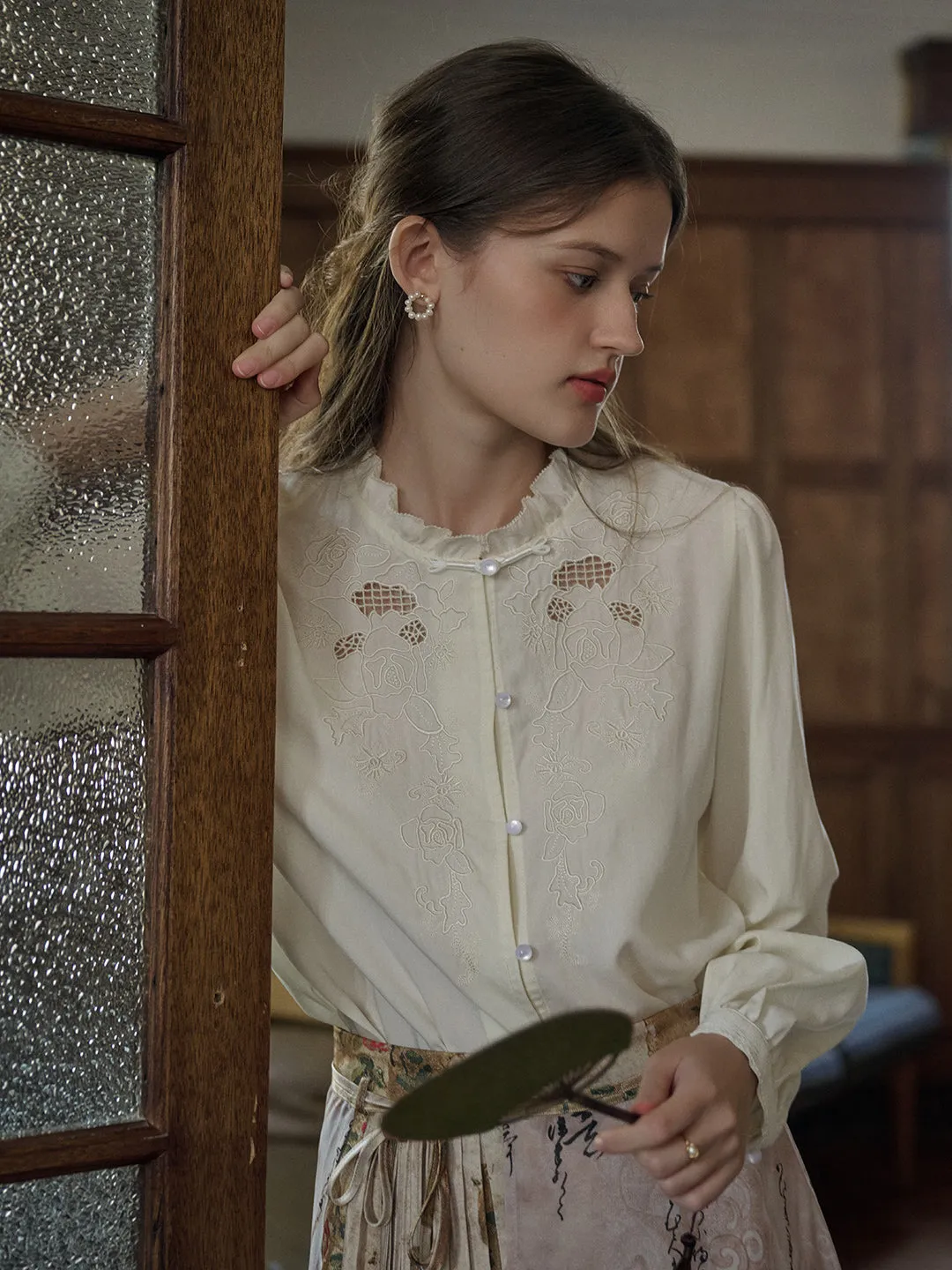 Jaylani Trim Round Neck Hollow Rose Embroidered Lace Blouse