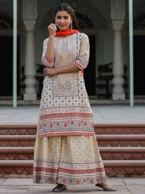 Juniper Beige Ethnic Motif Printed Pure Cotton Kurta Sharara & Dupatta Set.