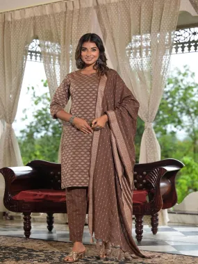 Juniper Brown Geometric Printed Cotton Kurta Pant Set With Tassels On Dupatta