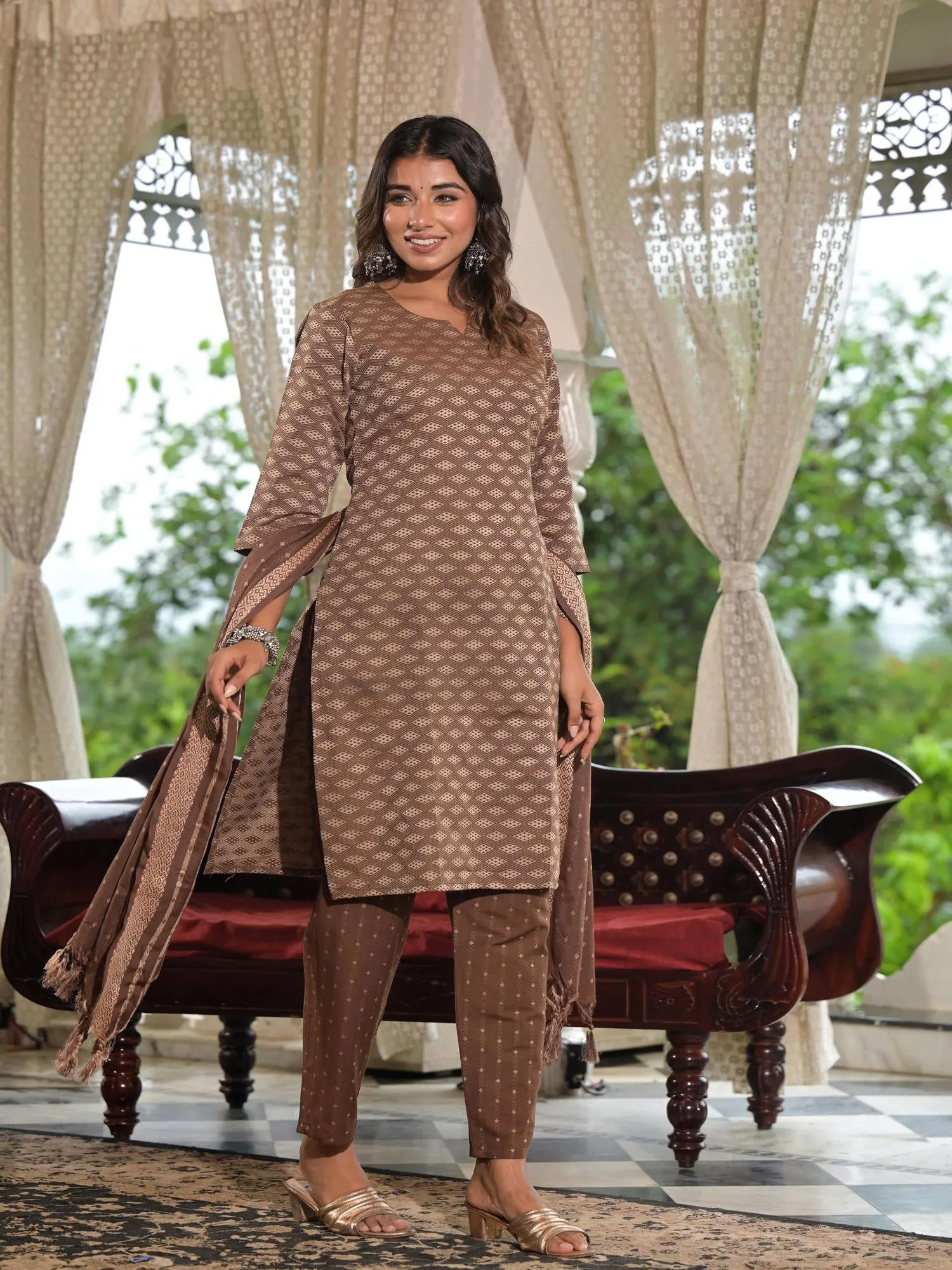 Juniper Brown Geometric Printed Cotton Kurta Pant Set With Tassels On Dupatta