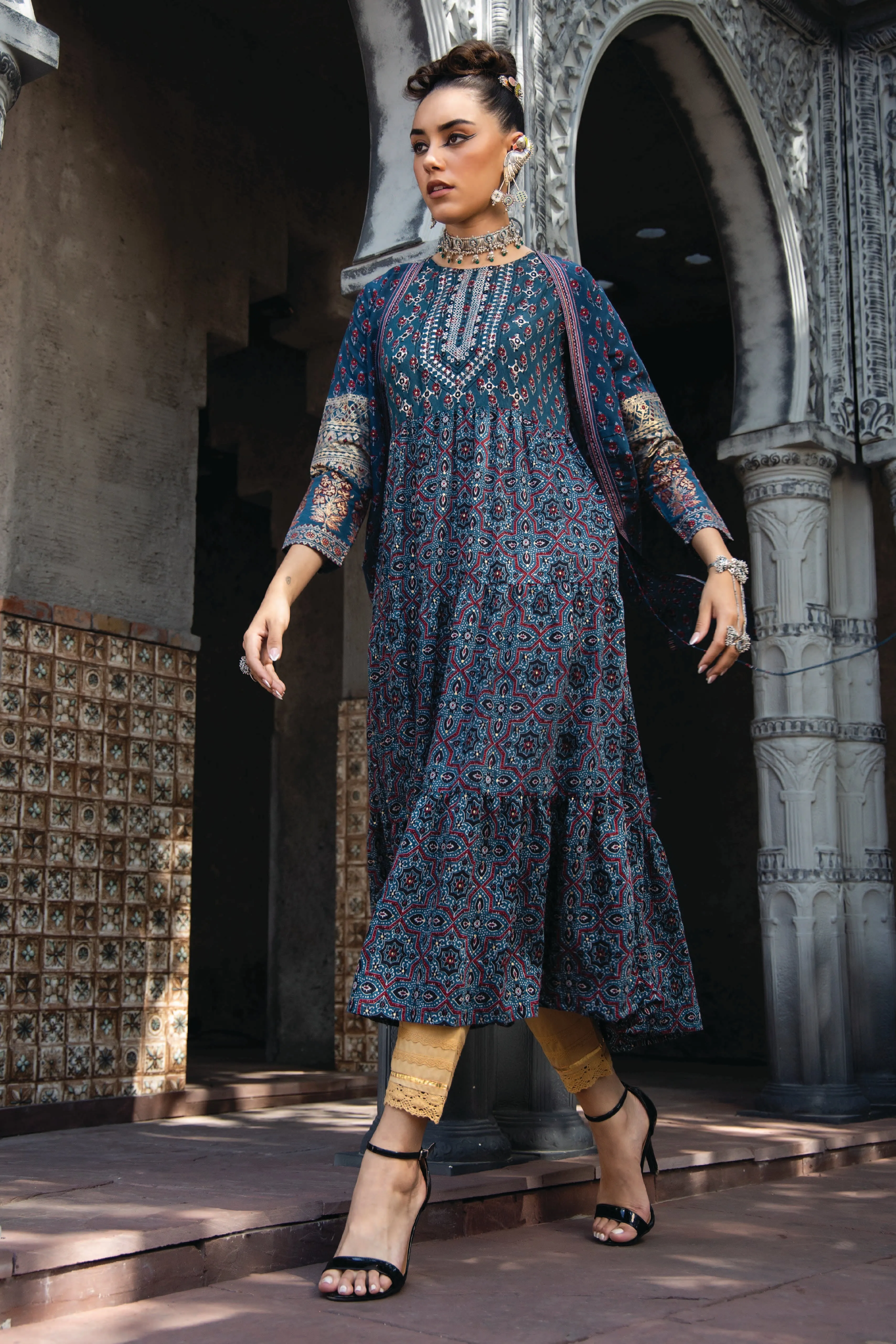 Juniper Teal Ethnic Motif Printed Chanderi Layered Maxi Dress With Zari Work Embroidery