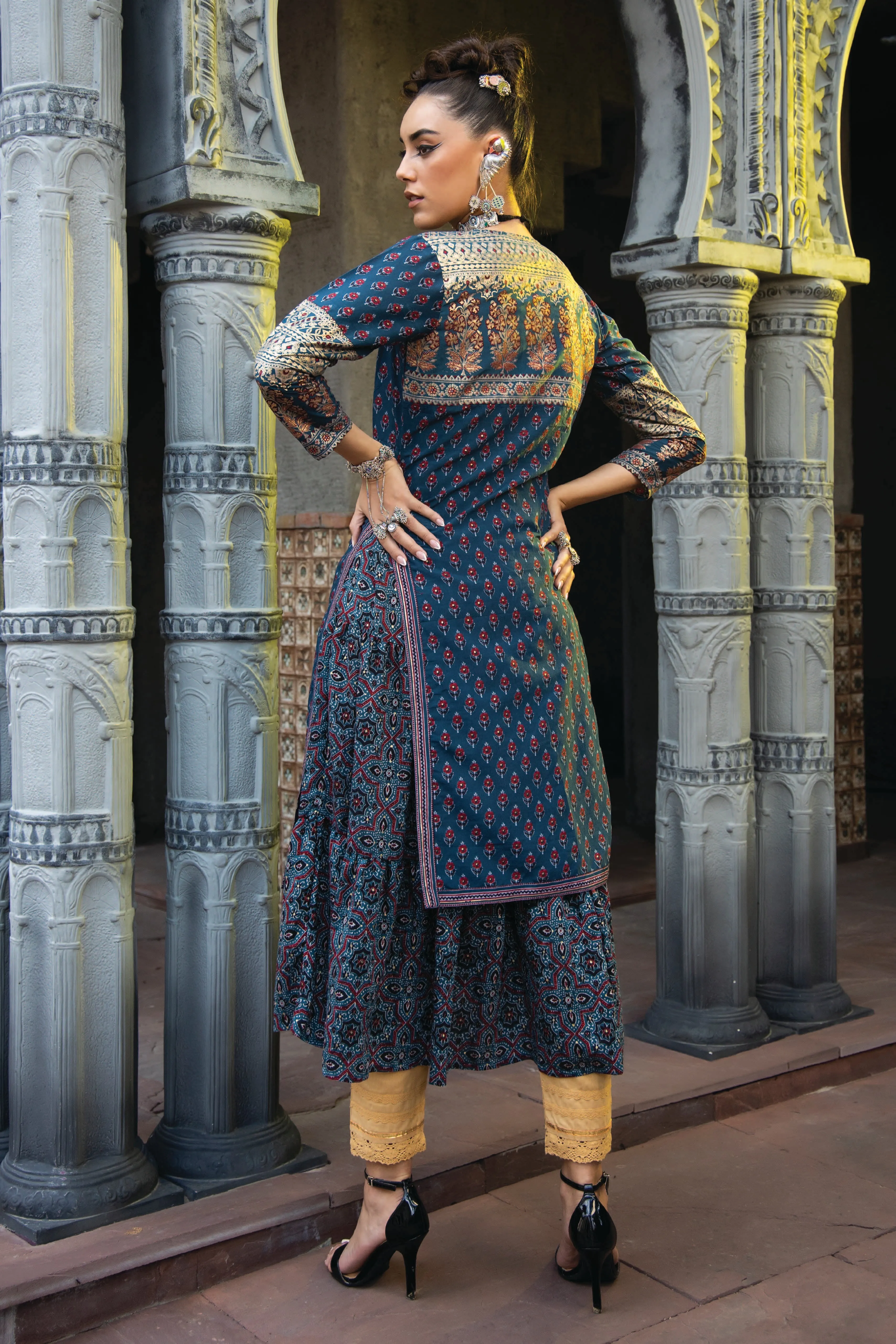 Juniper Teal Ethnic Motif Printed Chanderi Layered Maxi Dress With Zari Work Embroidery