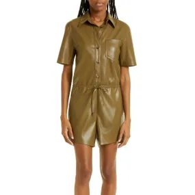 Khaki Brown Drawstring Waist Leather Playsuit for Women