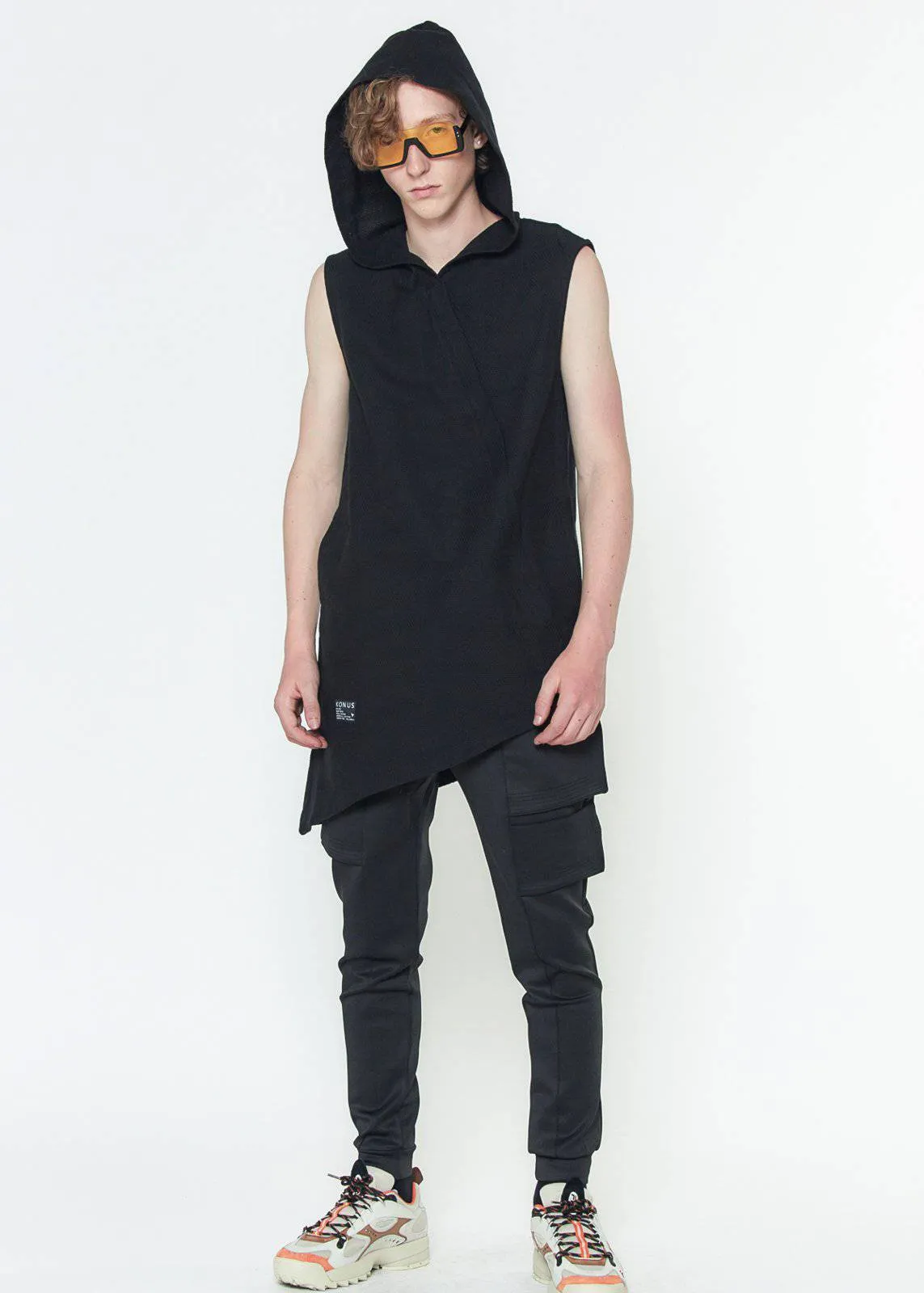 Konus Men's Asymmetrical Zip Up Sleeveless Hoodie In Black