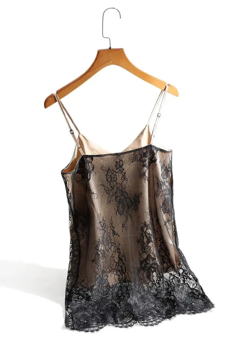 Lace Satin Camisole with Floral Lace Details - Elegant Sleeveless Top for Women