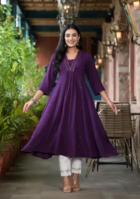 Plum Solid Liva Rayon Kurta With Mirror Work