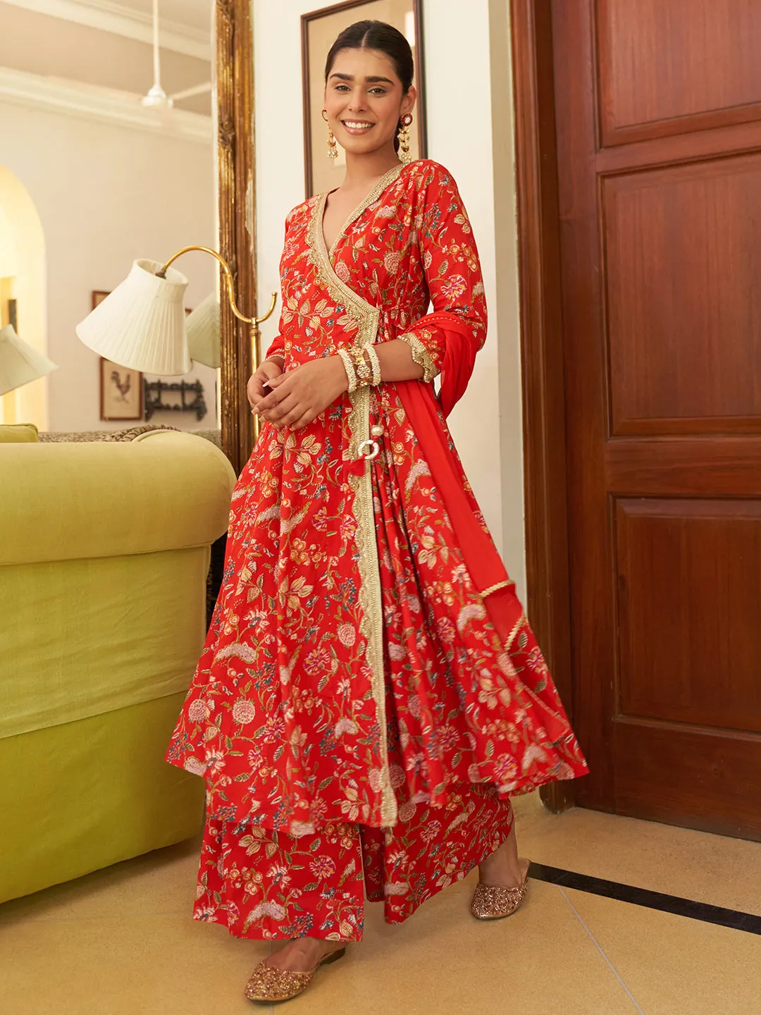 Red Cotton Floral Printed Kurta with Palazzo and Dupatta