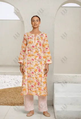 Saba Chikankari Kurta in Mul cotton in Yellow Floral