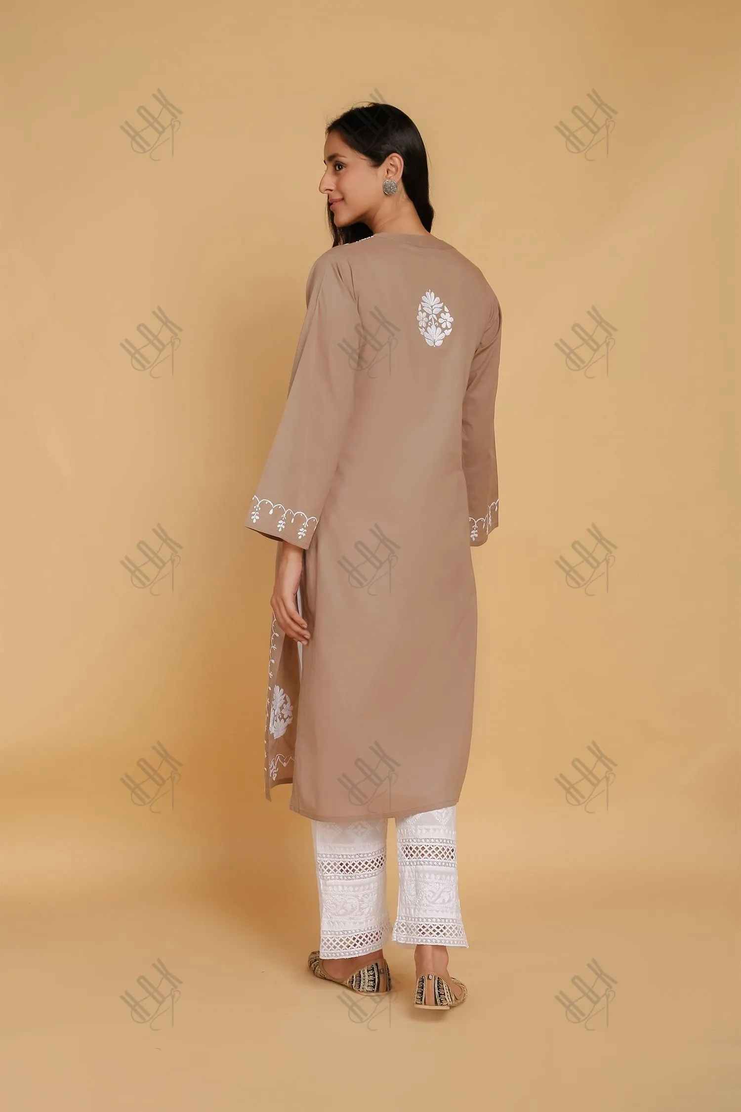 Saba Chikankari Long Kurta In Cotton - Beige