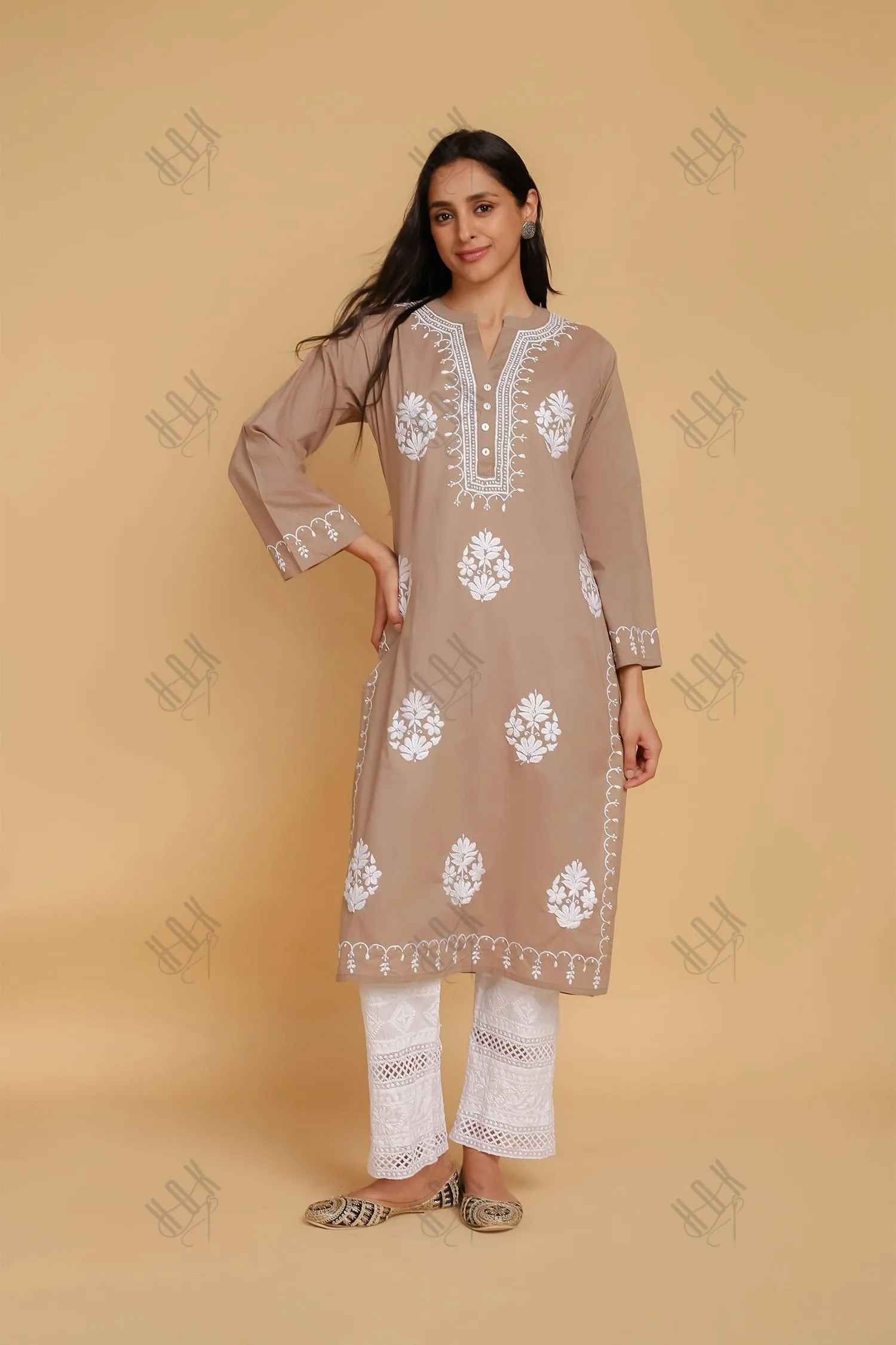 Saba Chikankari Long Kurta In Cotton - Beige