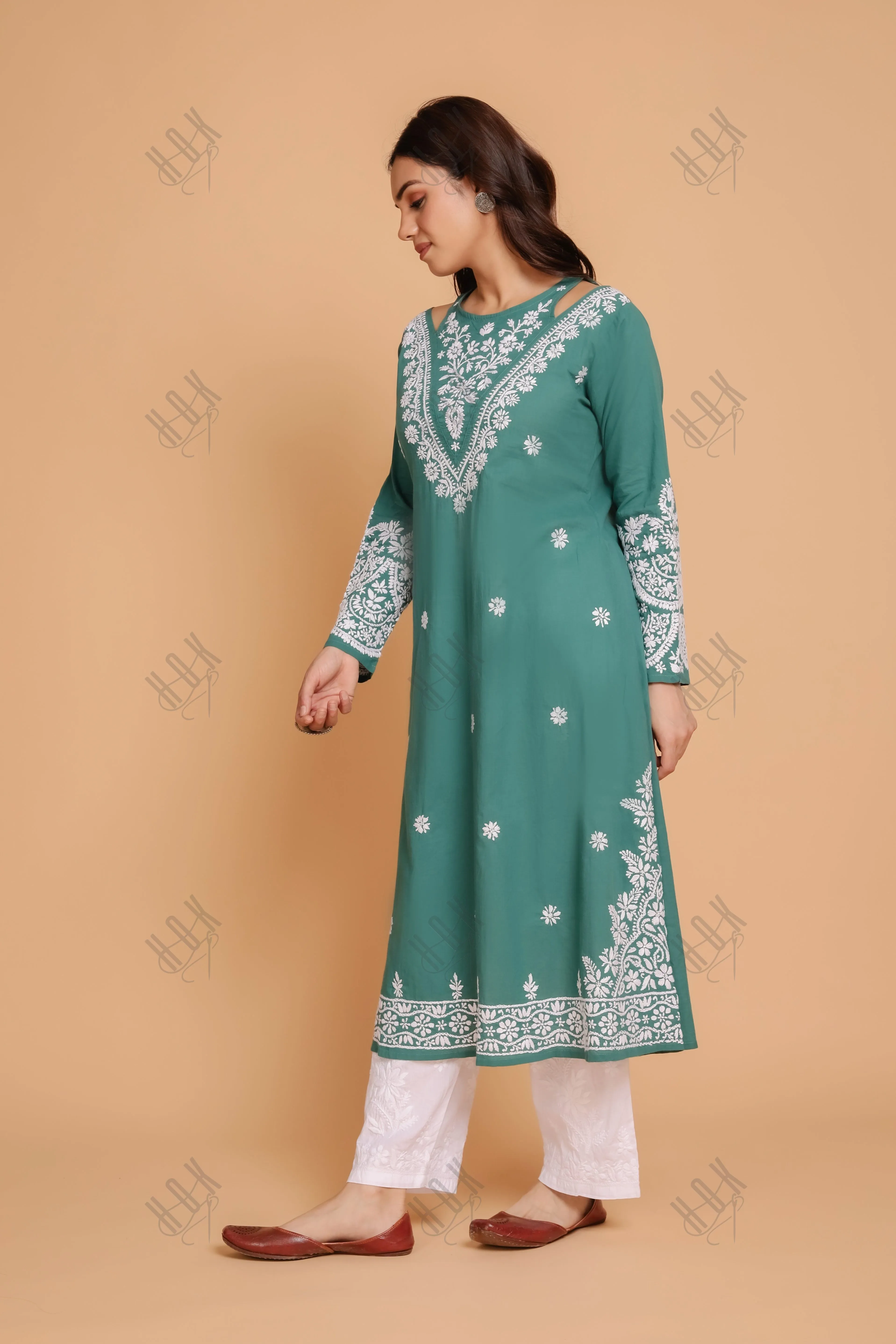 Saba Chikankari Long kurta in cotton - Green