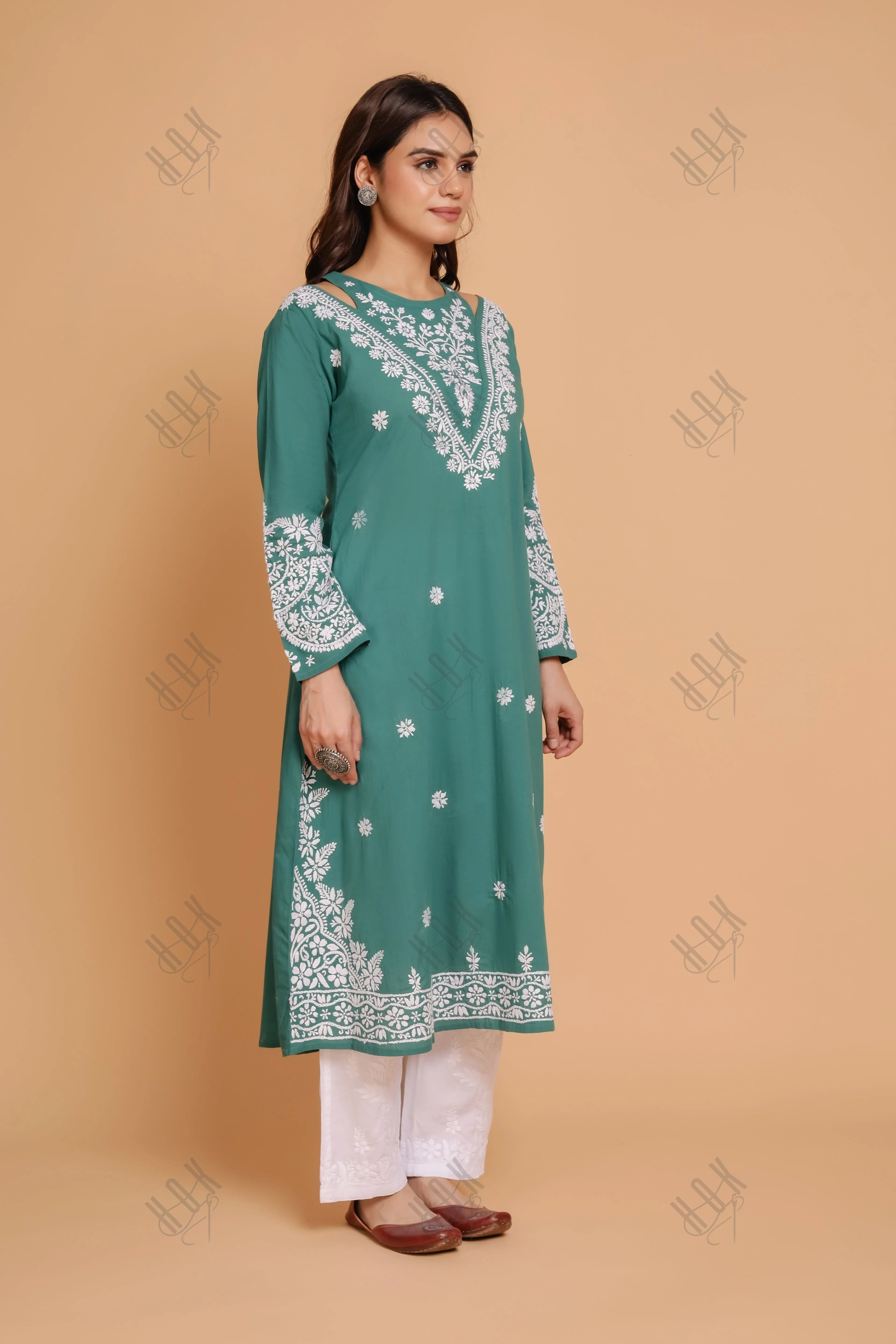 Saba Chikankari Long kurta in cotton - Green