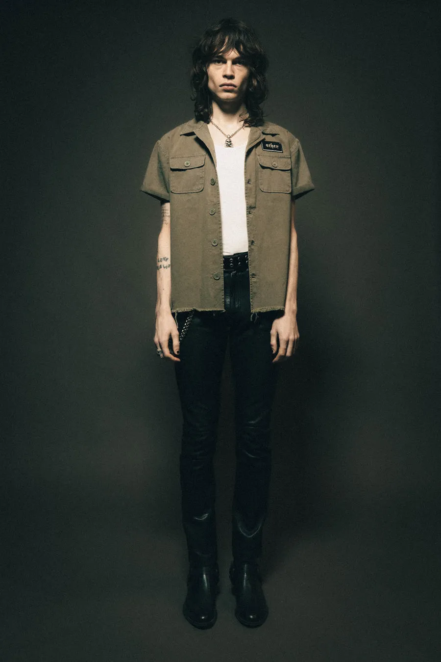 S/S Skull & Crossbones  Military Shirt | Military Green