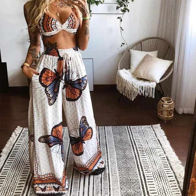 Summer Women Fashion 2 Pieces Set Tracksuit Boho Print Sexy Sleeveless Crop Top Loose Wide Leg Pants Suits Female Clothing