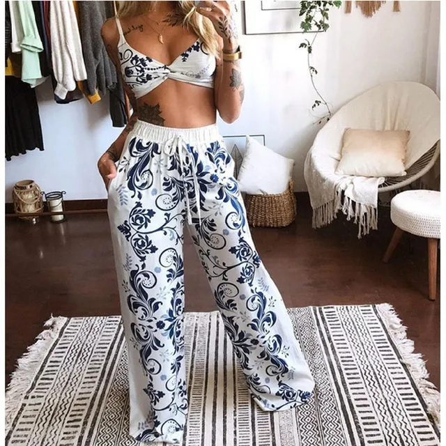 Summer Women Fashion 2 Pieces Set Tracksuit Boho Print Sexy Sleeveless Crop Top Loose Wide Leg Pants Suits Female Clothing