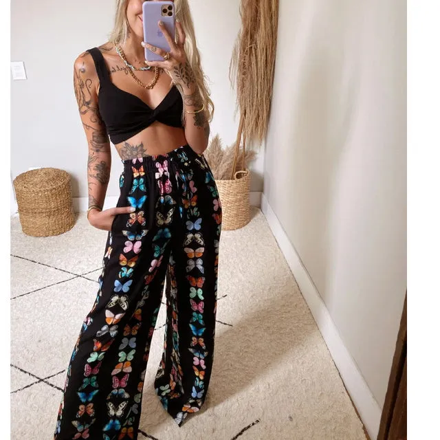 Summer Women Fashion 2 Pieces Set Tracksuit Boho Print Sexy Sleeveless Crop Top Loose Wide Leg Pants Suits Female Clothing