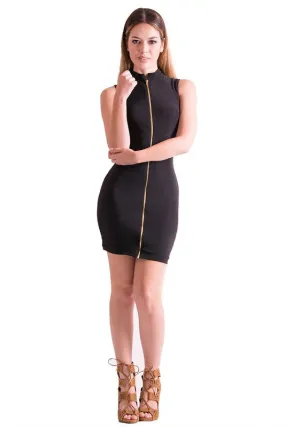 THE MYSTYLEMODE BLACK DOUBLE LINED SLEEVELESS FRONT ZIPPER MINI DRESS